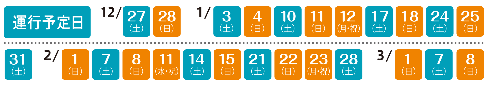 運行予定日:12月27日、28日、1月3日、4日、10日、11日、12日、17日、18日、24日、25日、31日、2月1日、7日、8日、11日、14日、15日、21日、22日、23日、28日、3月1日、7日、8日